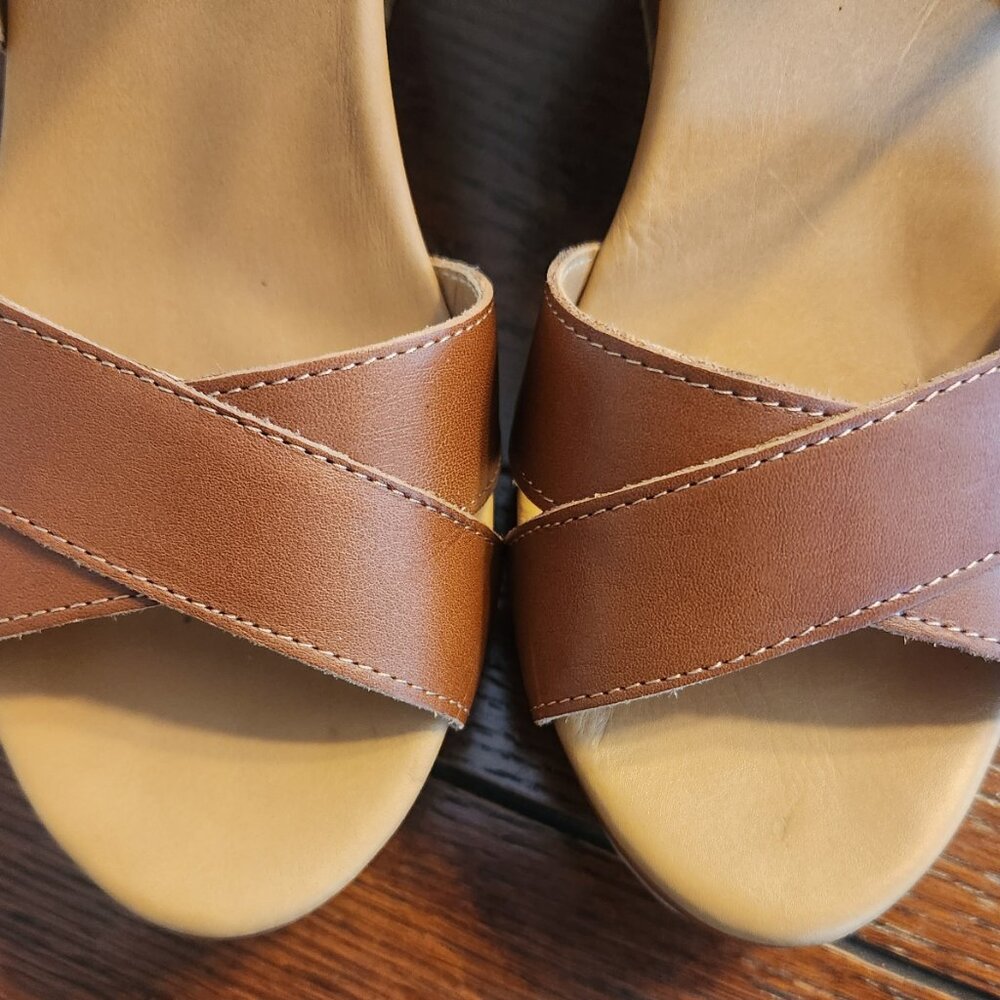 Garnet Hill Italian Leather Caramel Color Wedge Sandals - Picture 5 of 9